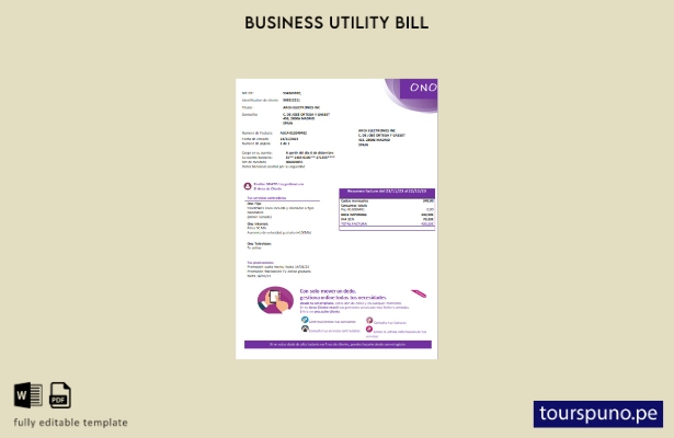 Plantilla de factura comercial de servicios públicos de ONO (España) lista para 